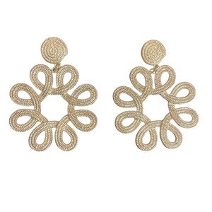 Gold Textured Scroll Circle Drop Earrings For Pierced Ears.